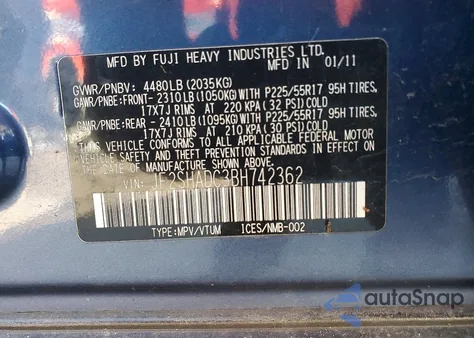 2011 Subaru Forester 2.5X Premium z USA, uszkodzony, nr VIN JF2SHADC3BH742362